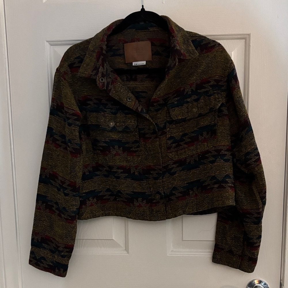 Cropped Olive Multicolor Pattern Jean Jacket - Unknown Brand